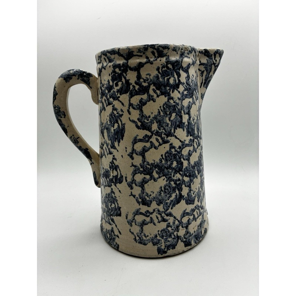 Antique Tall Blue & White Spongeware Stoneware Pitcher - 9" High